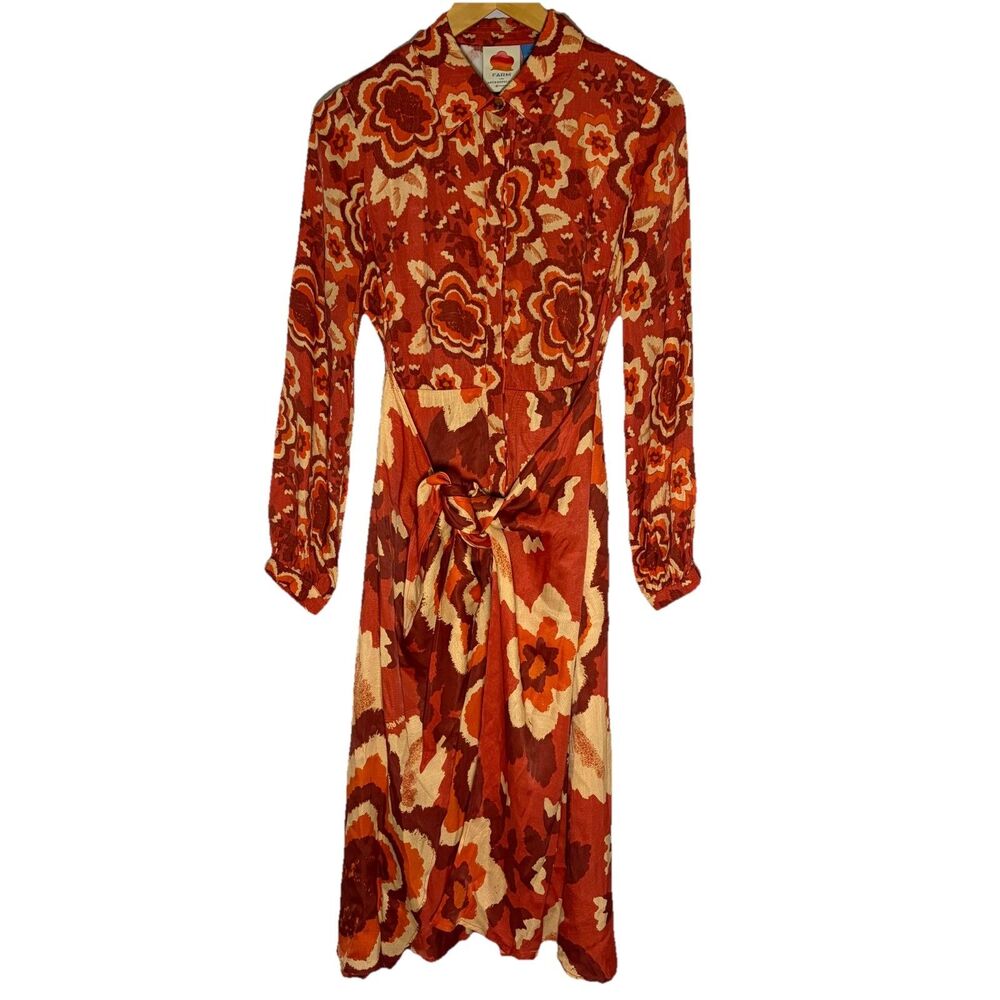 Farm Rio Long-Sleeve V-Neck Floral Midi Shirt Dress Women’s XS Orange & Red
